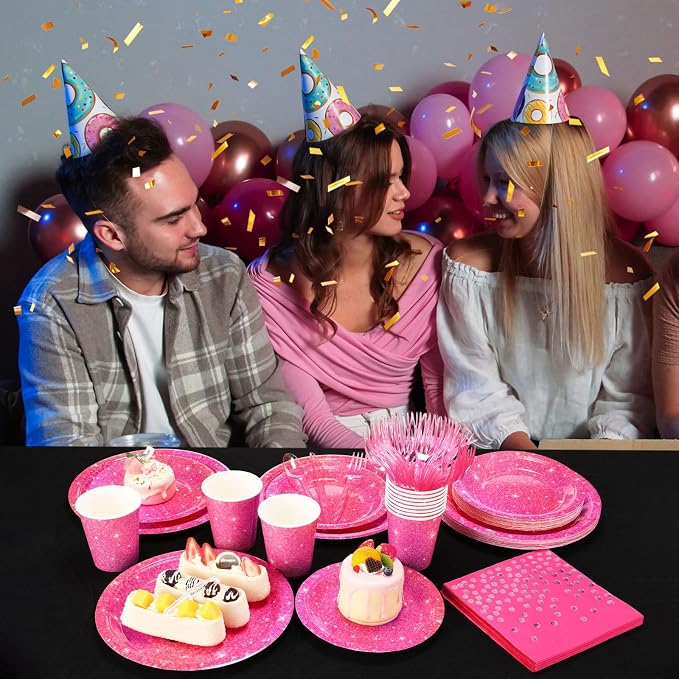 Hushee 350 Pcs 50 Guests Hot Pink Paper Party Plates and Cups Napkins Sets Holographic Glitter Disposable Dinnerware Plastic Forks Knives Spoons Birthday Bachelorette Wedding Party Supplie