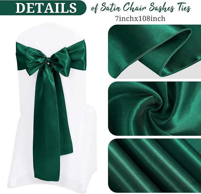 Pesonlook 120 PCS Forest Green Satin Chair Sashes Bows,Satin Chair Sashes Universal Chair Cover for Wedding Reception Restaurant Event Decoration Banquet,Party,Hotel Event Decorations (7 x 108 inch)
