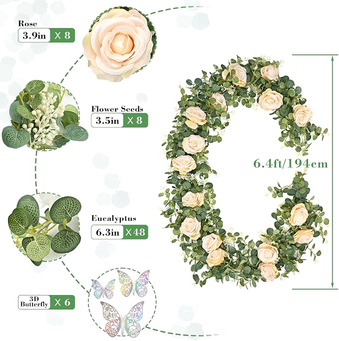 Yastouay 6.07 Ft Fuller Flower Garland with 3D Butterfly, Artificial Eucalyptus Garland with Champagne Flowers Fake Rose Vine for Table Centerpiece Wedding Baby Shower Party Room Backdrop Decor