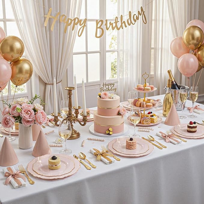 WDF 100pcs Pink Plastic Plates - High-end Baroque Design - Pink and Gold Plates - Including 50 Disposable Plate 10.25inch, 50Salad Plate 7.5inch for Wedding/Baby Shower/Spring/Birthday/Mother's Day