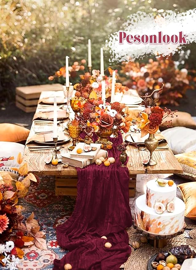12 Pack Burgundy Cheesecloth Table Runner, 10FT Cheesecloth Rustic Boho Table Runner Long Romantic Semi Sheer Table Runner for Wedding Baby Shower Birthday Bridal Party Decorations(21.5×120 Inch)