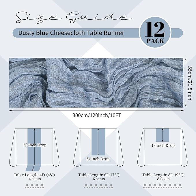 12 Pack Dusty Blue Cheesecloth Table Runner 120 inch Fall Thanksgiving Boho Rustic Gauze Farmhouse 10FT Cheese Cloth Runner for Baby Shower Wedding Party Holiday Home Decor