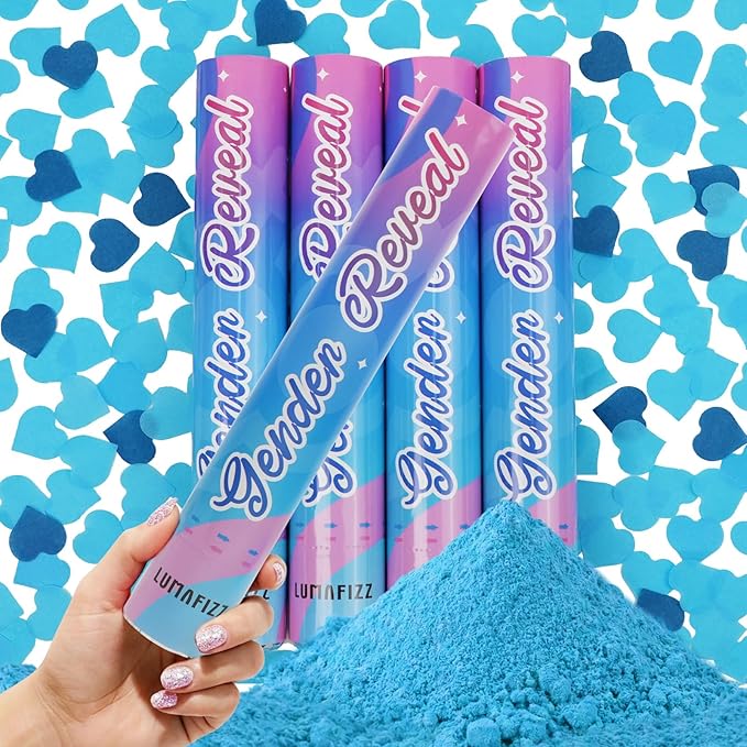 12Inches 4Pcs Gender Reveal Confetti Cannon - Biodegradable Powder & Heart Shaped Confetti Poppers - Blue, 4 Pack - Baby Boy Gender Reveal Smoke Bombs - Powder Cannon Party Poppers Blue Party Supplies