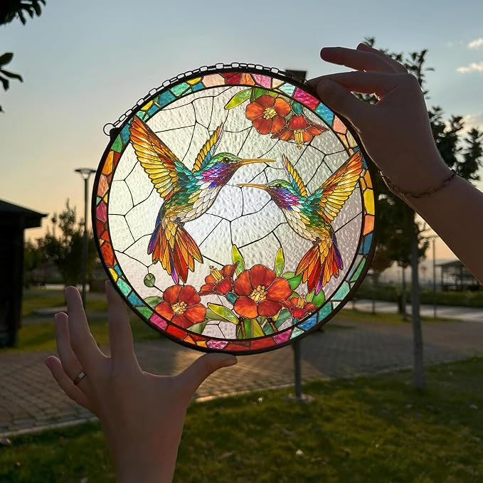 Humming Bird Stained Glass Suncatcher 6x6'' – Hummingbird Gifts for Women, Home Decor, Birthday, Christmas