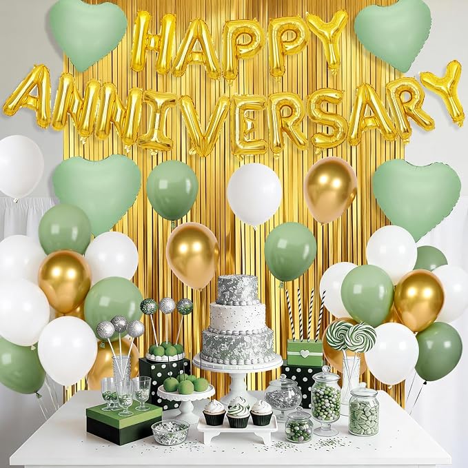 Anniversary Decorations Green Gold,Happy Anniversary Balloon Banner with Heart Foil Balloons Fringe Curtain for Wedding Party Valentine's Day Romantic Night Surprise