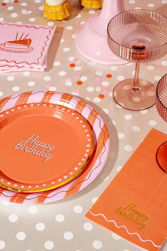 Birthday Party Celebration, Stylish Tableware Set for 8 Guests – Pink/Red