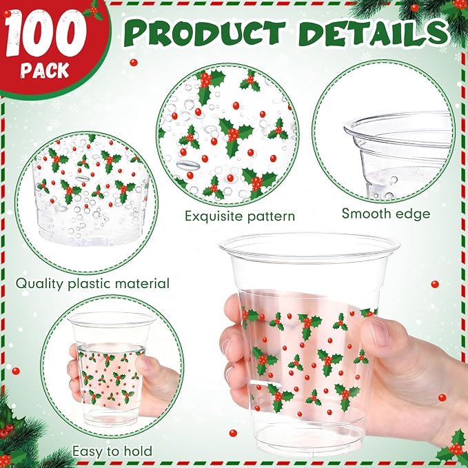 Jingmore 100 Pcs Christmas Plastic Cups 12 oz Holly Berry Red Green Leaves Disposable Clear Plastic Drinking Cups Bulk for Xmas Winter Holiday Party Decorations Supplies