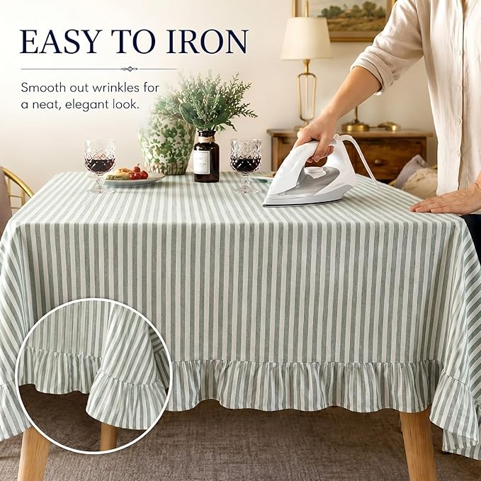 Boao Cotton 52 x 70 Inch Farmhouse Ruffle Tablecloth Sage Green White Striped Flounces Trim Table Cover for Rectangle Table Kitchen Party Wedding Decor