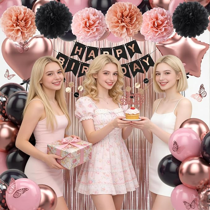 Rose Gold Black Birthday Party Decorations 12INCH Black Pink Rose Confetti Balloon Happy Birthday Banner Cake Topper Fringe Curtain Paper Pom Poms Butterfly Sticker 18INCH Heart Star Foil Girls Women
