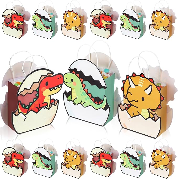 Tosstuki 12 Pcs Dinosaur Party Favor Bags 3D Dinosaur Birthday Gift Goodie Bags with Handles Little Dino Treat Paper Bag for Candy Dino Themed Birthday Party Decorations Supplies