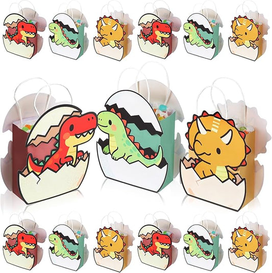Tosstuki 12 Pcs Dinosaur Party Favor Bags 3D Dinosaur Birthday Gift Goodie Bags with Handles Little Dino Treat Paper Bag for Candy Dino Themed Birthday Party Decorations Supplies