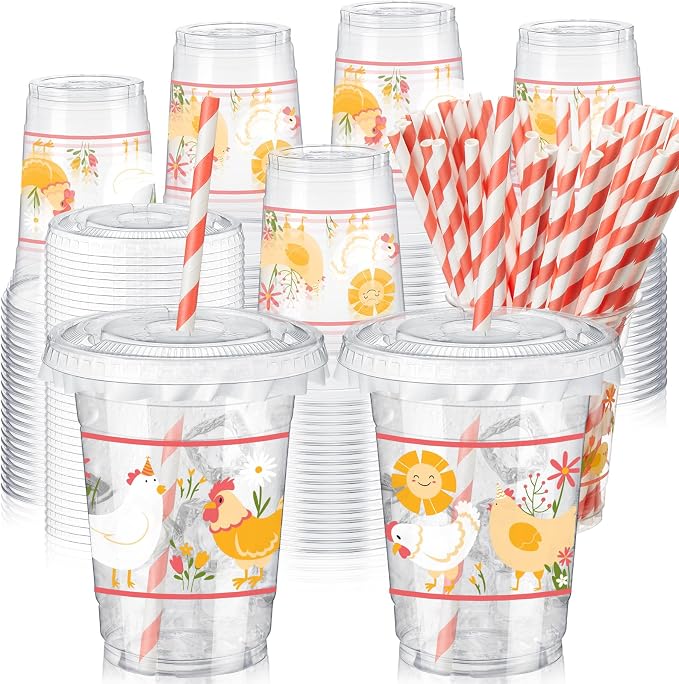 FoldTier 50 Pcs 12 oz Chicken Party Cups Disposable Plastic Cup with Straw, Lid and Leakproof Paper Clear Farm Animal Flower Little Chick Birthday Party Baby Shower Cups Supplies Table Decorations