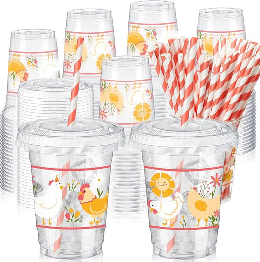 FoldTier 50 Pcs 12 oz Chicken Party Cups Disposable Plastic Cup with Straw, Lid and Leakproof Paper Clear Farm Animal Flower Little Chick Birthday Party Baby Shower Cups Supplies Table Decorations