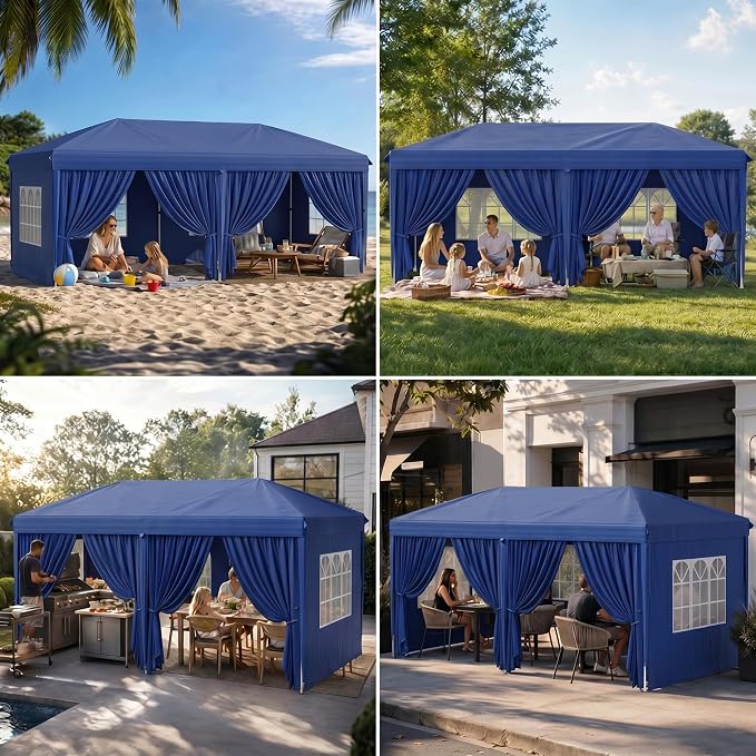10x20 Pop Up Canopy with Sidewalls, Instant Tent with Carry Bag, Sandbags, Height Adjustable Waterproof Outdoor Canopy, Outdoor Canopy for Events, Camping, Parties (Blue)