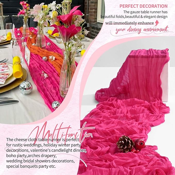 18 Pack Cheesecloth Table Runner 10FT Hot Pink Table Runner Boho Gauze Cheese Cloth Table Runners Long Rustic Sheer Table Decorations for Wedding Party Baby Bridal Shower Birthday Holiday Home