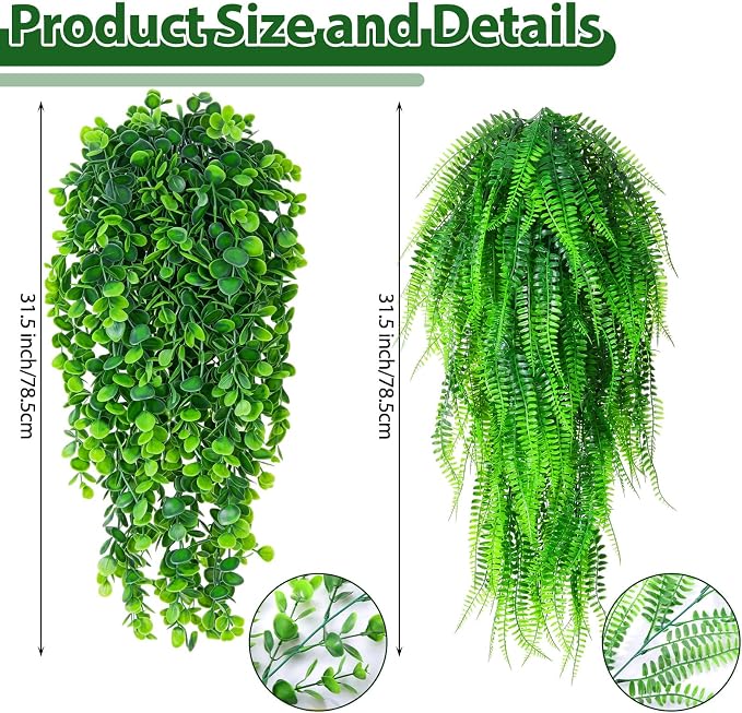 Daifunli 24 Pcs Artificial Hanging Plants Fake Hanging Ferns Plastic Fake Plant for Wall Room Garden Garland Indoor Outdoor Decor No Basket (Boston,Eucalyptus)
