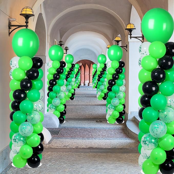 2 Sets Green and Black Balloon Column Stand Kit with 102 Balloons Adjustable Balloon Tower Stand with Bases for Floor Confetti Balloons Column Kit for Graduation Birthday Appreciation Party Decor