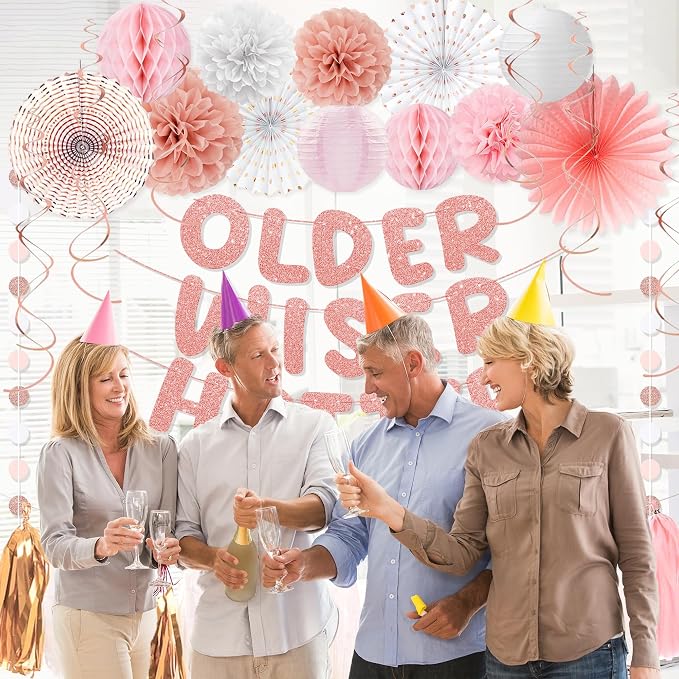 Roetyce Birthday Party Decorations, Rose Gold Glitter Older Wiser Hotter Banner Photo Background for Women, Funny Happy Birthday Backdrop Decor, Pink 30th 40th 50th 60th 70th 80th Party Supplies