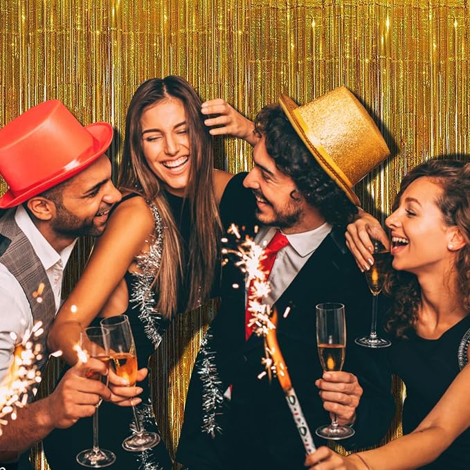 Tinsel Curtain Party Backdrop Gold Birthday Decorations 2 Packs Glitter Foil Fringe Curtain Party Decor Streamers Photo Booth for Birthday Christmas Wedding Halloween Graduation Decorations