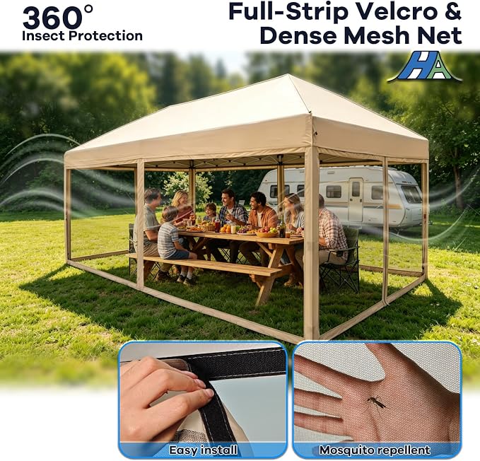 10x20 Pop Up Canopy Tent with Mosquito Netting, Ez Up Portable Waterproof Instant Outdoor Screen Shelter, Pop Up Tent for Patio, Backyard, Parties, Camping and Events, Beige