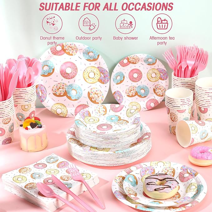 Ziliny 350 Pcs Donut Grow up Party Supplies Tableware Set Disposable 9'' 7'' Paper Plates 9 oz Cups Cutlery Napkins Dinnerware Set for 1st Birthday, Serve 50 (Donut Grow Up, Macron Color)