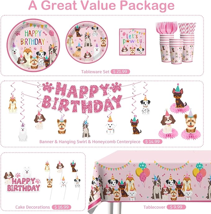 Cocomigo Dog Birthday Decorations, 230 Pcs Puppy Birthday Party Decorations Set with Backdrop, 2 Tablecloths, Plates, Napkins, Balloons & Banner, All-in-One Dog Party Supplies, Serves 25