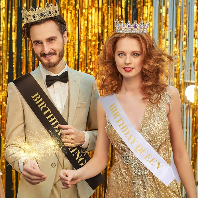 6 Pieces Prom King and Queen Crowns Sashes Set, Crystal Tiara for 2026 Homecoming Graduation Party Birthday Wedding