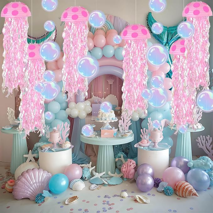 18 Pcs Under The Sea Party Decorations-6 Pcs 10'' Hanging Jellyfish Paper Lanterns -Crepe Paper Bubble Garlands for Mermaid Birthday Decorations Shower Ocean Theme Classroom & Beach Room Decor Pink