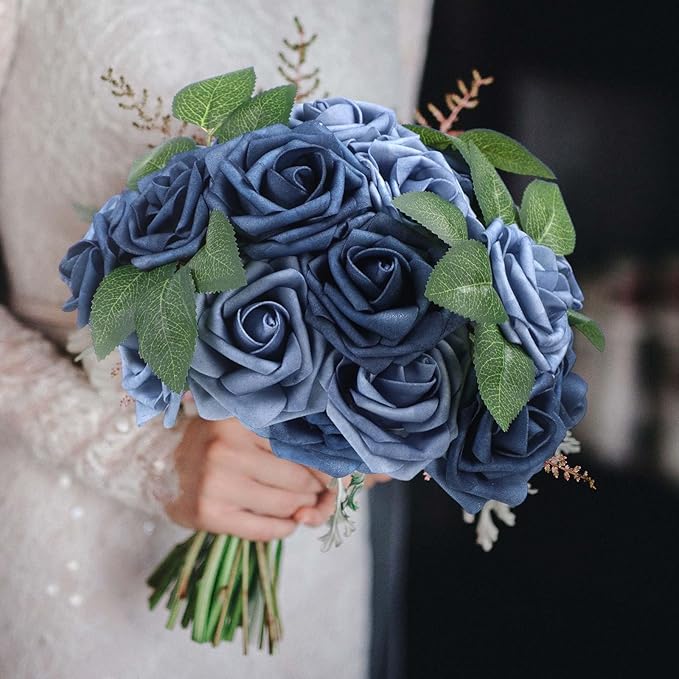 50 Pcs Artificial Foam Rose Flower Faux Bouquet Wedding Fake Rose Gift for Mother's Day Women DIY Bridal Shower Party Table Birthday Home Spring Decor (Dusty Blue Shades)