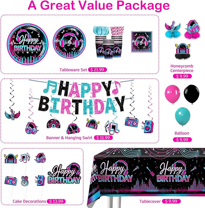 Karaoke Party Decorations for 25 Guests, 208PCS All-in-One Music Party Supplies Set with Banner, Backdrop, Balloons, Cake Toppers, Plates, Napkins and Tablecloth, Music Theme Birthday Decor