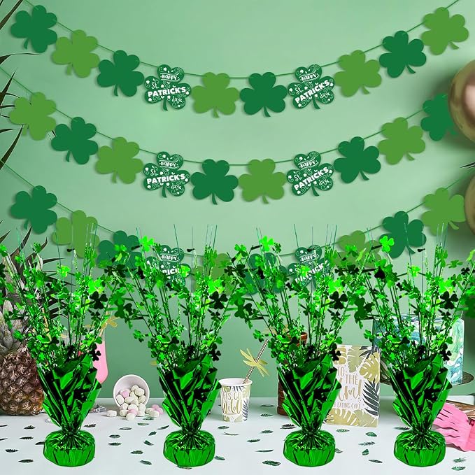 FUBININA 6 PCS St Patrick's Day Decoration Glitter Shamrock Metallic Foil Spray Centerpieces Lucky Clover Green Tabletop Decor for Irish St Patty's Day Birthday Wedding Home Party Supplies