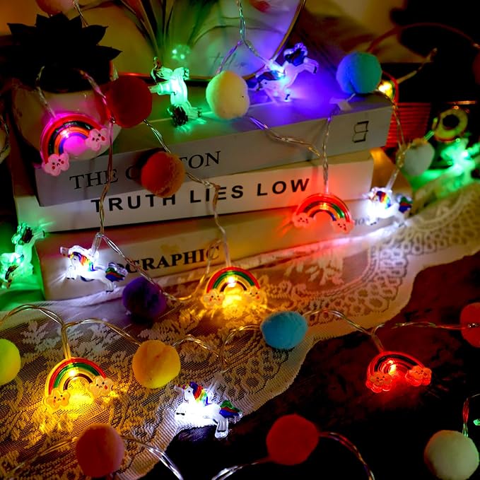 9.85 Ft Pom Pom Unicorn Rainbow String Lights, Colorful 20 LED Battery Operated Fairy Lights with Timer & 8 Flash Modes, Cute Kids Bedroom Decor Lights, Kawaii Unicorn Gifts for Toddler Teen Girls