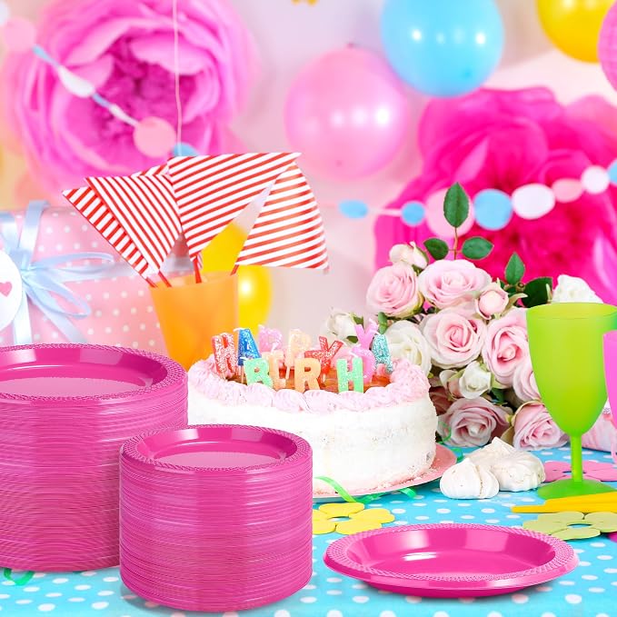Kochorie 300 Pack Hot Pink Plates 7" & 6" Disposable Plastic Plates Round Dessert Plate Set Food Grade, BPA-Free, Heavy Duty Dinner Tableware for Bulk Party Events, Weddings, Birthdays Supplies