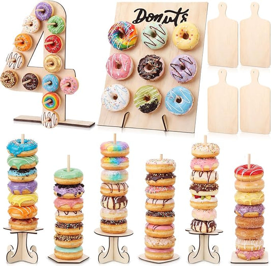 Lallisa 12 Pcs Wooden Donut Stand Set Number 4 Donut Display Stand 1 Doughnut Wall Display 4 Mini Charcuterie Boards 6 Doughnut Holder Tower for Dessert Table Birthday Wedding Baby Shower Party Deocr