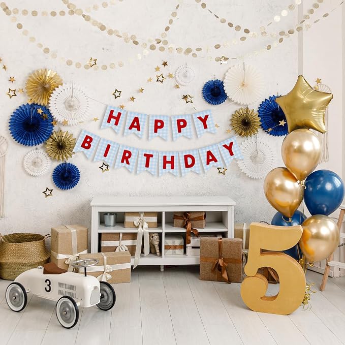 Custom Banner Kit - DIY Burlap Banner with 92 Felt Letters - Personalized for Birthday, Wedding & Party Decorations (blue gingham+red letter)