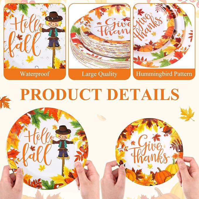 Funnymoom 200 Pcs Fall Thanksgiving Tableware Give Thanks Hello Fall Pumpkins Disposable Paper Dinner Dessert Plates Maple Leaves Napkins for Autumn Harvest Decor Birthday Holiday Party 50 Guests