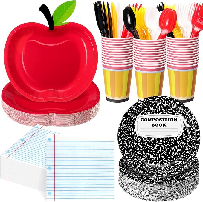 400 Pcs Back to School Party Decoration for 50, Apple Composition Notebook Paper Plates Napkins Pencil Cup Cutlery for Preschool Kindergarten Teacher Graduation Party Supply