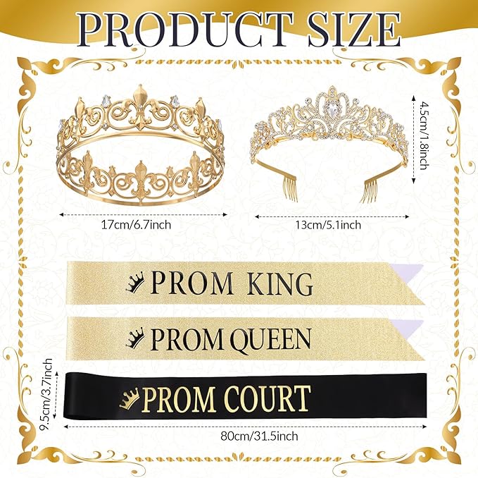 Saintrygo 12 Pcs Prom Crown and Sash Set, Prom King and Queen Tiara Rhinestone Crown Glitter Court Royal Satin Sash for 2026 Graduation Ball Dance Night Party Birthday Accessory(Gold,Stylish)