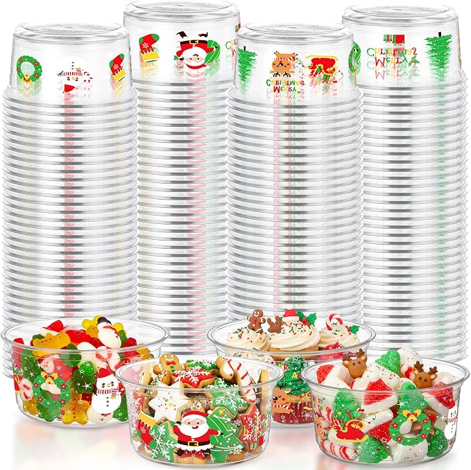 SiliFine 100 Pcs Christmas Plastic Bowls Bulk 12 oz Disposable Xmas Snack Bowls Clear Santa Cups for Christmas Party Serving, Salads, Fruit, Desserts, Parfaits, Snacks, Special Events