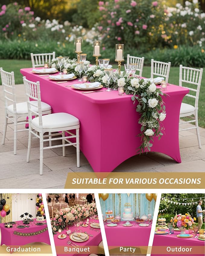 Fixwal Fuchsia Stretch Table Cloth Rectangle 2 Pack 6Ft, Spandex Fitted Table Covers Washable for Party, Trade Show, Banquet, Wedding, Buffet