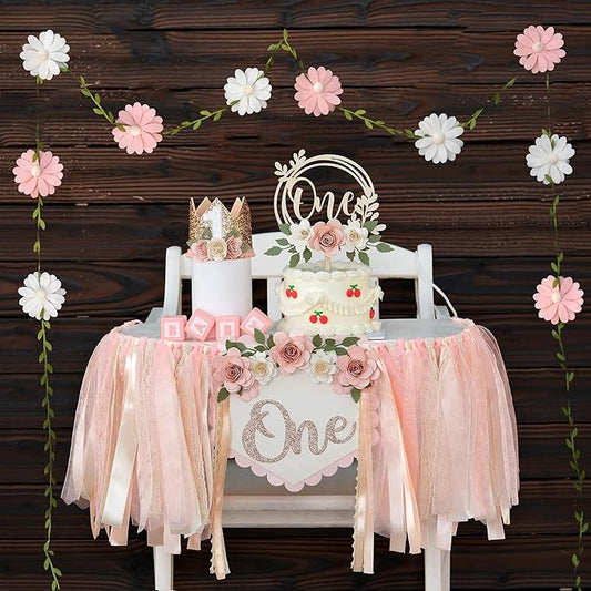 JUIIZAY First Birthday Decorations for Girl Light Pink High Chair Banner One Flower Cake Topper Floral Hat Wildflower Garland 1st Birthday Decoration Supplies