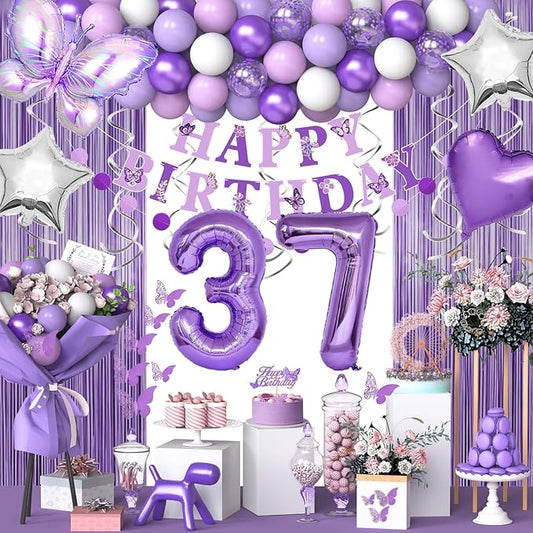 37th Purple Birthday Decorations for Women, Purple Pink 37th Birthday Decorations Butterfly Theme Lavender Party Decor Set with Number Balloons, Banner, Sash, Butterfly Stickers