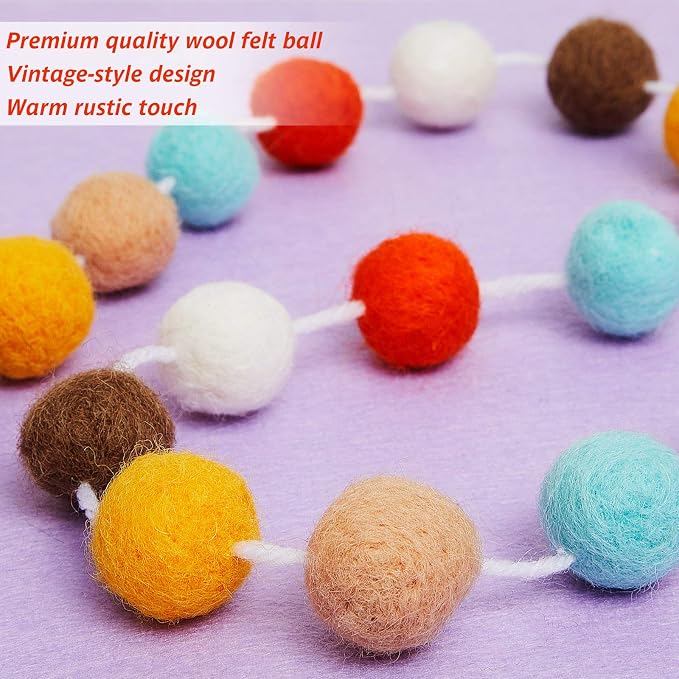 WILLBOND 3 Pieces Wool Felt Rainbow Ball Garland Colorful Pom Pom 6.5 ft Long 24 Ball Garland for Easter Mardi Gras Classroom Halloween Thanksgiving Xmas (Fancy Colors)