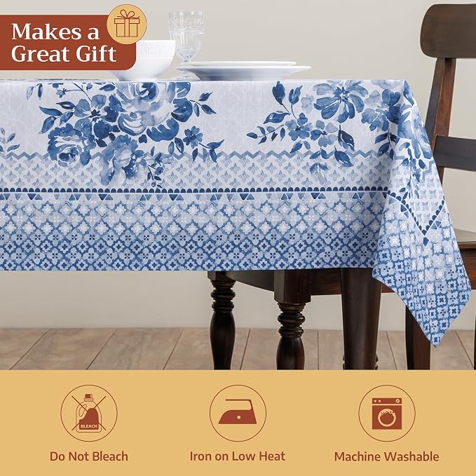 Maison d' Hermine Table Cloth Rectangle Table 100% Cotton 60 x 120 Inches Tablecloth Reusable Decorative for Dining Kitchen Room Farmhouse Party Home Hotel Restaurant Spring Summer- Rose Garden - Blue