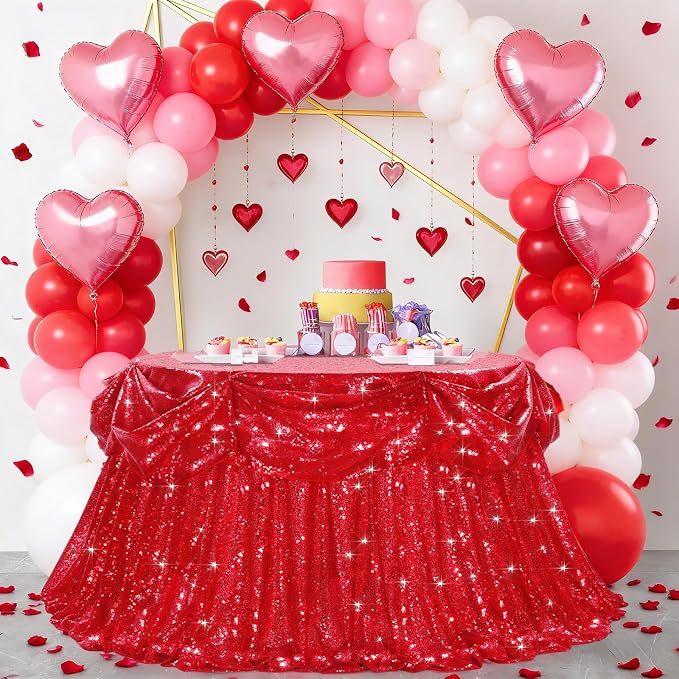 B-COOL Sequin Tablecloth Round Party Decorations: Red Table Cloth Overlay 132 Inch Large Sparkle Fabric for Christmas Birthday Beach Parties