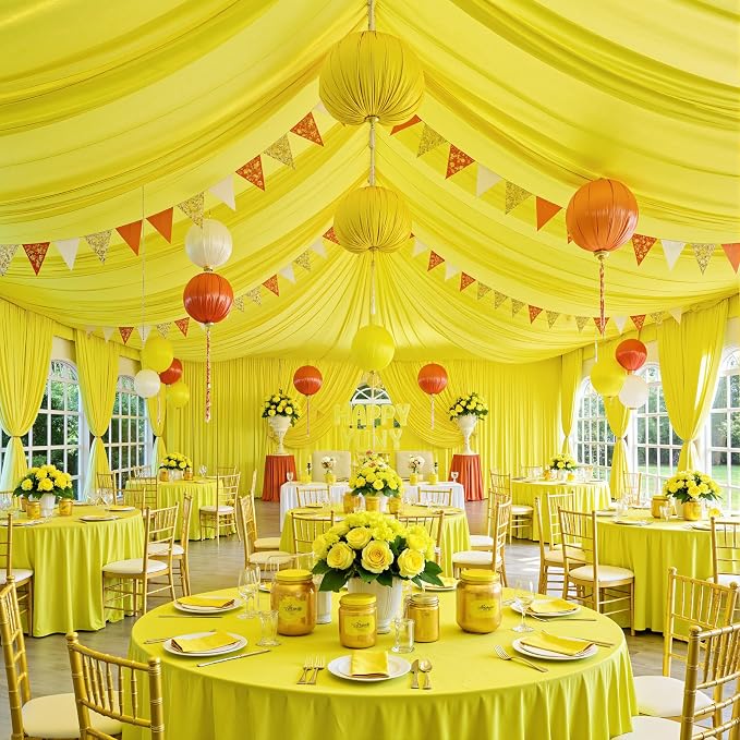 10ftx40ft Light Yellow Ceiling Curtain for Wedding Parties – 2 Panels Wrinkle-Free 40 FT Long Tent Draping Curtains for Wedding, Birthday & Theme Parties, 40ft Height with Rod Pocket