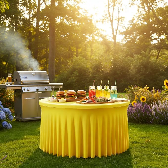 60 Inch Yellow Round Tablecloth - Stretch Spandex Fitted Table Cover with Elastic Skirt Edge, Wrinkle-Free & Reusable for 5FT Tables Wedding Banquet Party Birthday Buffet