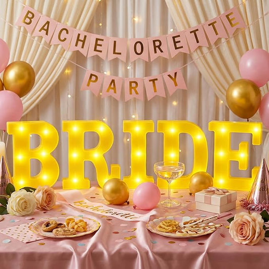Aurelema Bride Large LED Letter Lights Sign Battery Powered Table Decorations Bridal Shower LED Neon Light for Wedding Part Women Bachelorette Supplies
