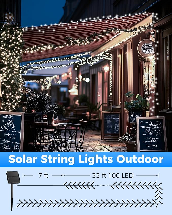 Brightown Solar Outdoor String Lights - 50 FT 120 LED Solar String Lights for Outside with 8 Lighting Modes, IP65 Waterproof Solar Outdoor Lights, Suitable for Tree Party Decor, Pure White