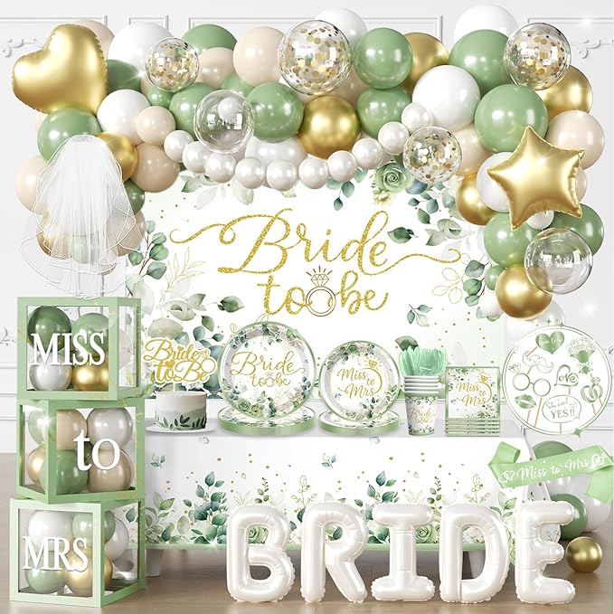 cocomigo 320 PCS Sage Green Bridal Shower Decorations, Hassle-Free One-Stop Set for 25 Guests, With Bride to Be Balloon, Backdrop, Plates and Napkins, Easy Setup for Female Bridal Shower